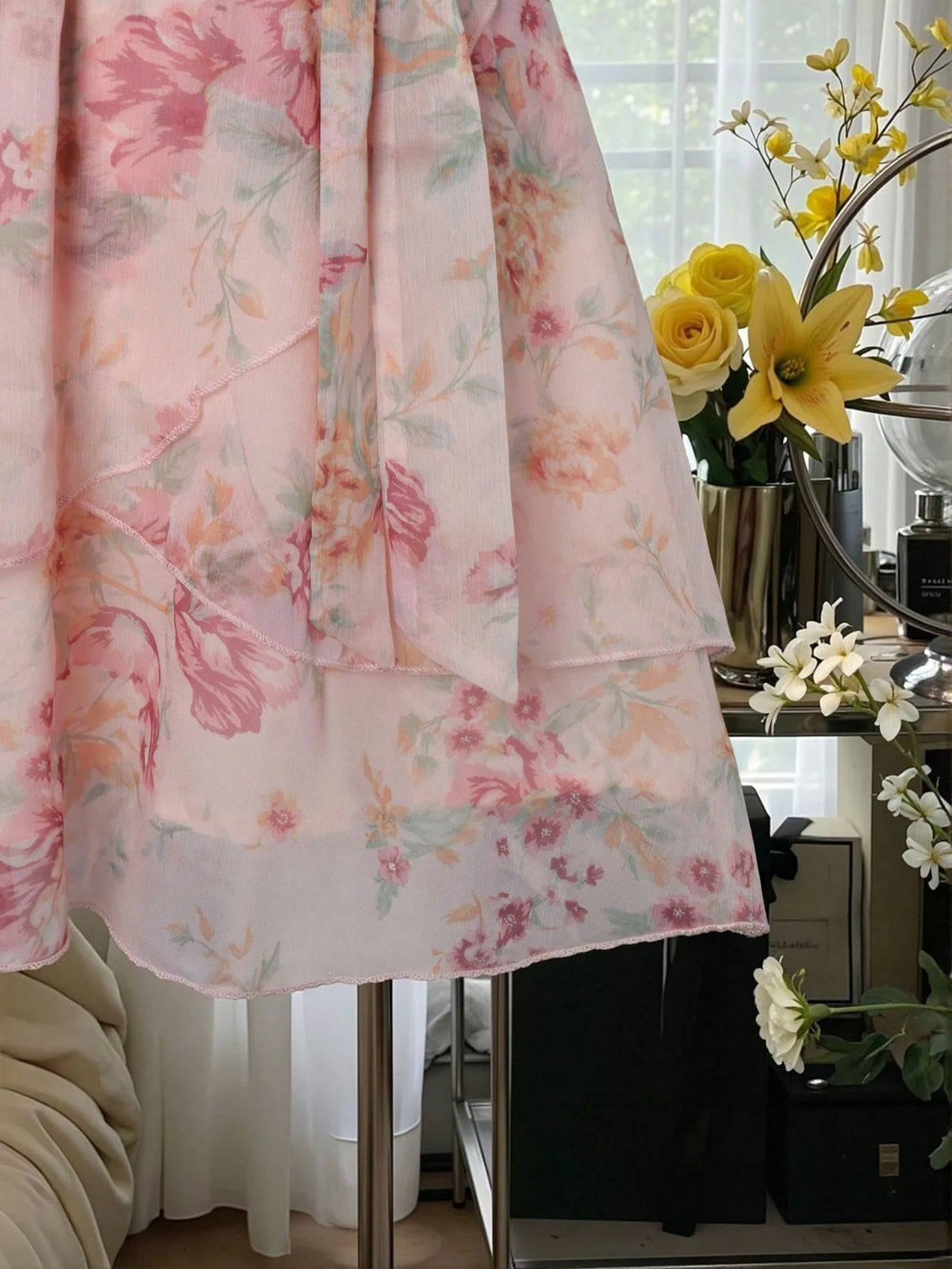 Celisse Women Floral Pink Floral DressFloral Tulle Dress With Tie Waist For Slim Fit, Versatile Flattering Elegant Cute Graduation Party Date Tea Party Summer
