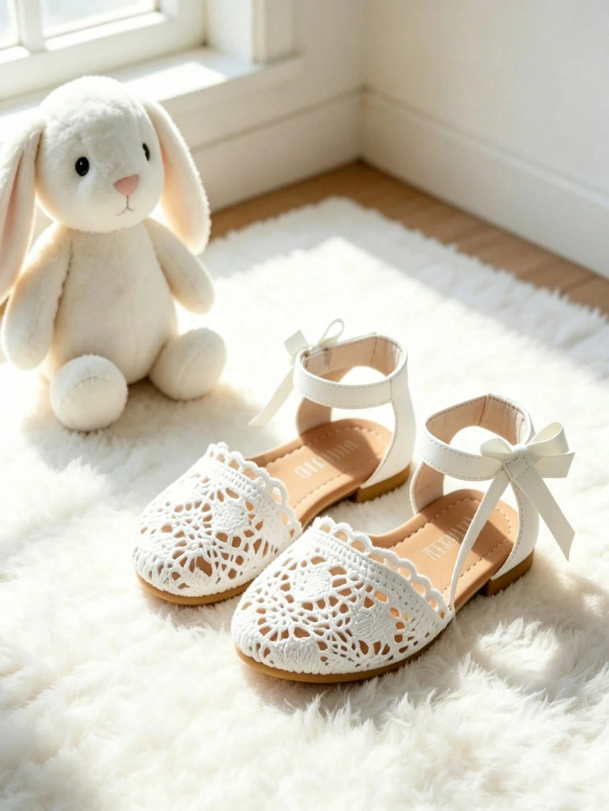 Charming White Crochet Lace Closed-Toe Sandals For Girls, Breathable Shoes With Delicate Bow Strap, Casual Footwear For Birthday Parties, Daily Life