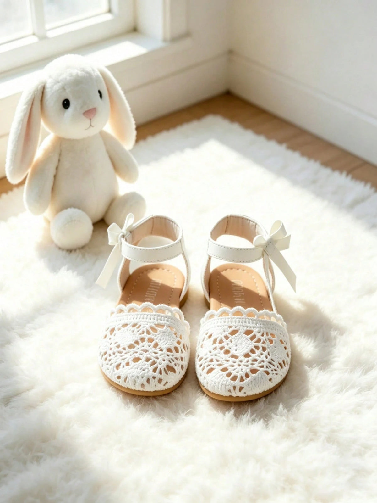 Charming White Crochet Lace Closed-Toe Sandals For Girls, Breathable Shoes With Delicate Bow Strap, Casual Footwear For Birthday Parties, Daily Life