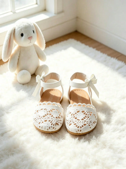 Charming White Crochet Lace Closed-Toe Sandals For Girls, Breathable Shoes With Delicate Bow Strap, Casual Footwear For Birthday Parties, Daily Life