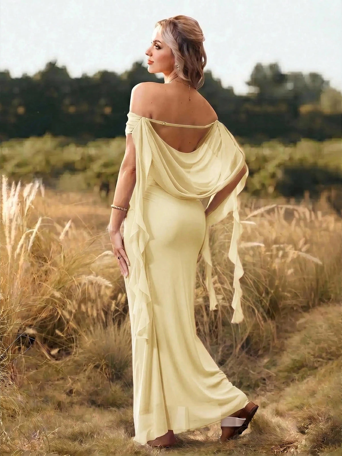Cheriluna Maternity Solid Color Off-Shoulder Backless Maternity Maxi Dress, Suitable For Christmas Party, Elegant Party, Baby Shower