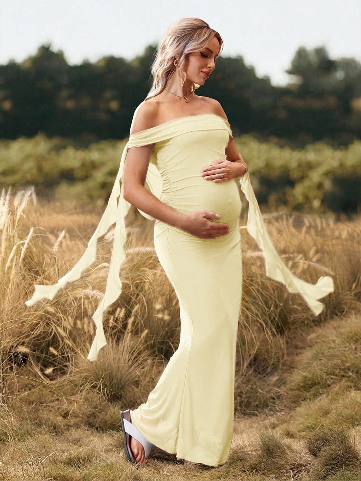 Cheriluna Maternity Solid Color Off-Shoulder Backless Maternity Maxi Dress, Suitable For Christmas Party, Elegant Party, Baby Shower