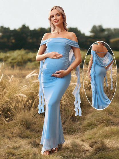 Cheriluna Maternity Solid Color Off-Shoulder Backless Maternity Maxi Dress, Suitable For Christmas Party, Elegant Party, Baby Shower