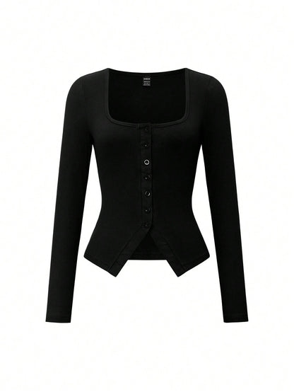 ChicEase Women Summer Y2k Minimalist Black Autumn Casual Elegant Night Out Square-Neck Long-Sleeved T-Shirt,Vintage American Style Solid-Color Top