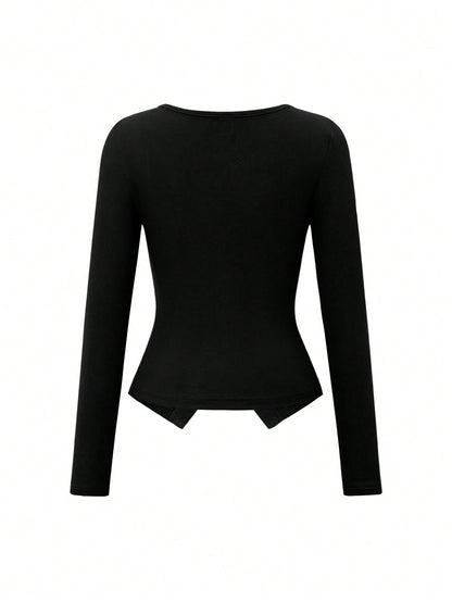 ChicEase Women Summer Y2k Minimalist Black Autumn Casual Elegant Night Out Square-Neck Long-Sleeved T-Shirt,Vintage American Style Solid-Color Top