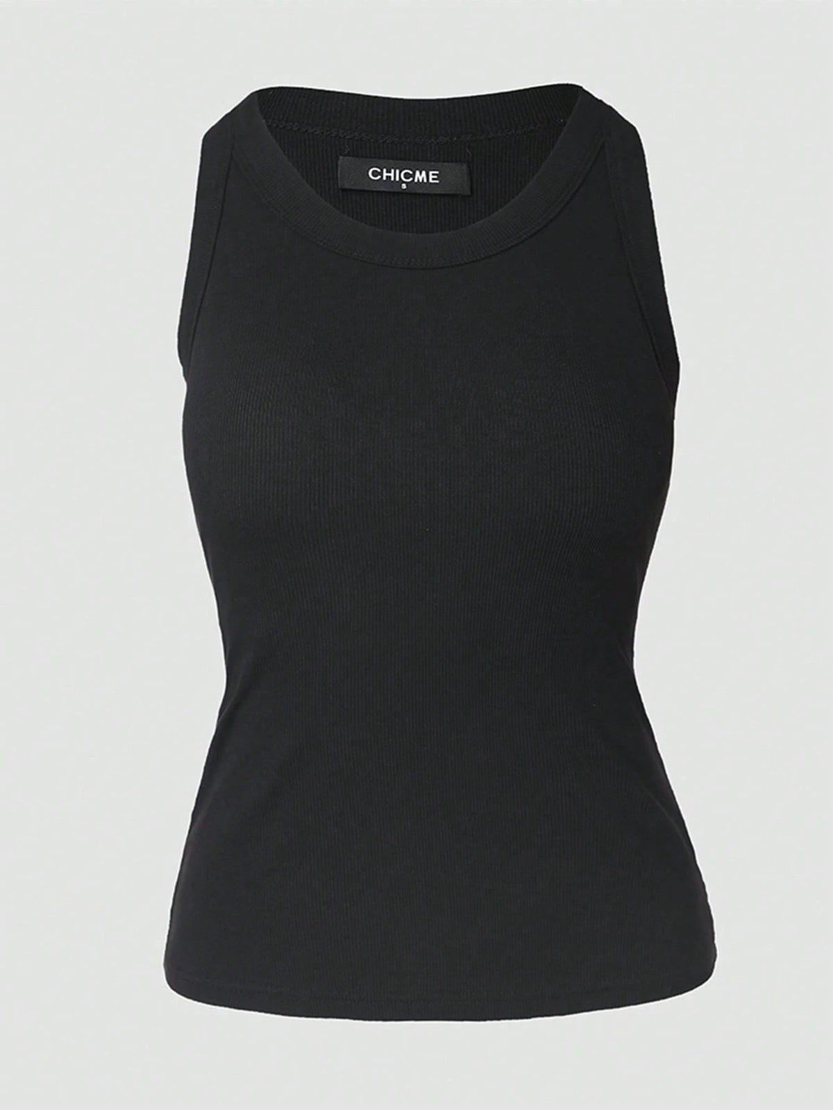 ChicMe Built-In Bra Sleeveless Ribbed Knit Fitted Crew Neck Basic Tank Top Casual Elegant Black Summer