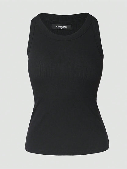 ChicMe Built-In Bra Sleeveless Ribbed Knit Fitted Crew Neck Basic Tank Top Casual Elegant Black Summer