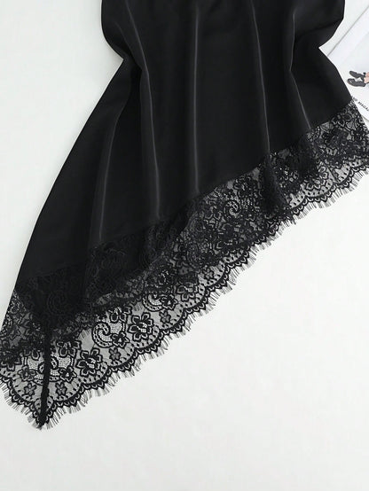 Clasi Lace Patchwork Asymmetric Hem Halter Backless Elegant Camisole