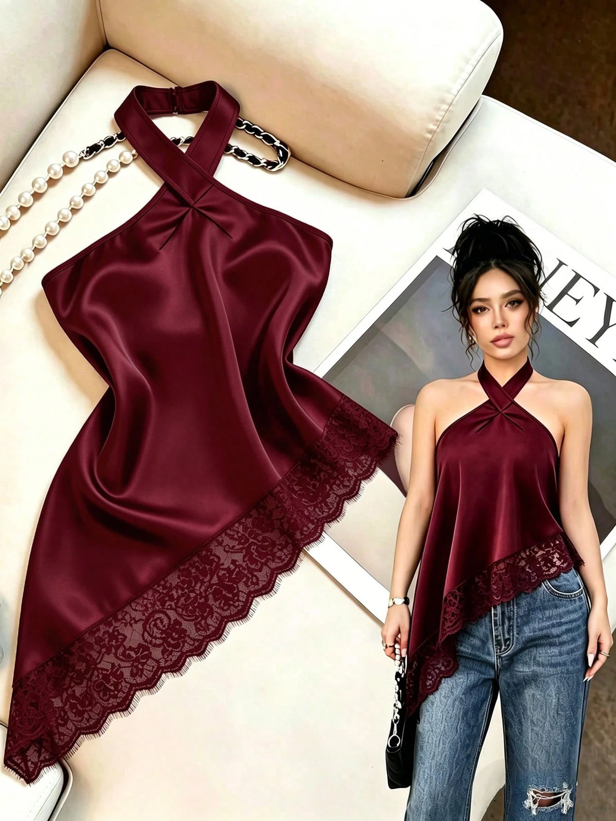 Clasi Lace Patchwork Asymmetric Hem Halter Backless Elegant Camisole