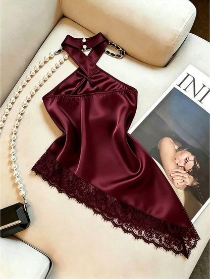 Clasi Lace Patchwork Asymmetric Hem Halter Backless Elegant Camisole