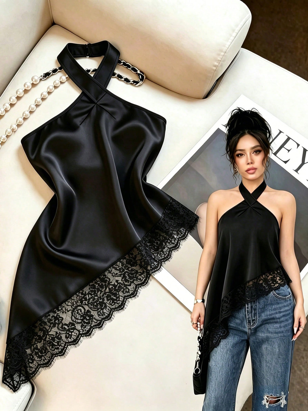 Clasi Lace Patchwork Asymmetric Hem Halter Backless Elegant Camisole
