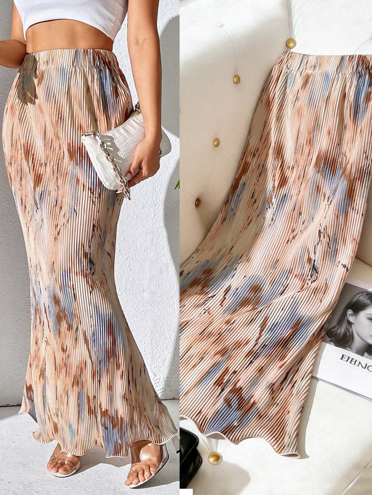 Clasi Spring And Summer Casual Pleated Elastic Waist Fish Tail Hem Long Skirt With Random Prints Women Fall For Women