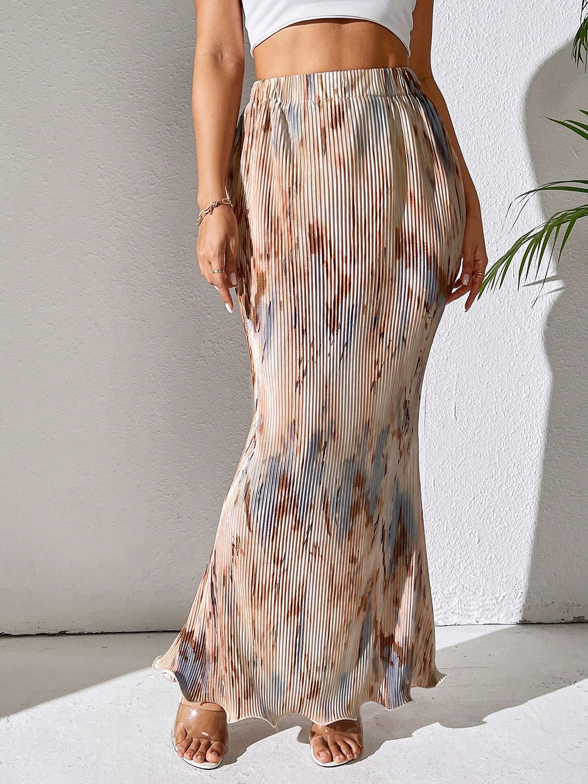 Clasi Spring And Summer Casual Pleated Elastic Waist Fish Tail Hem Long Skirt With Random Prints Women Fall For Women