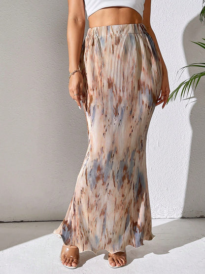 Clasi Spring And Summer Casual Pleated Elastic Waist Fish Tail Hem Long Skirt With Random Prints Women Fall For Women