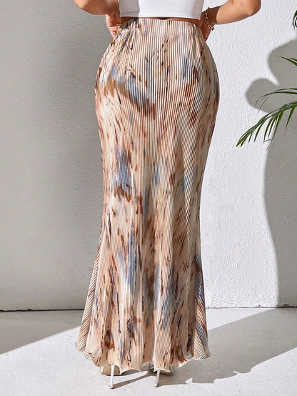 Clasi Spring And Summer Casual Pleated Elastic Waist Fish Tail Hem Long Skirt With Random Prints Women Fall For Women