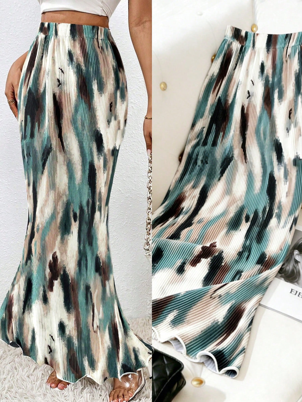 Clasi Spring And Summer Casual Pleated Elastic Waist Fish Tail Hem Long Skirt With Random Prints Women Fall For Women