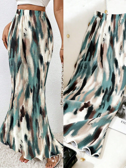 Clasi Spring And Summer Casual Pleated Elastic Waist Fish Tail Hem Long Skirt With Random Prints Women Fall For Women