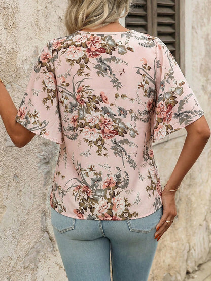 Clasi Women's V-Neck Floral Print Ruffle Sleeve Split Hem Blouse