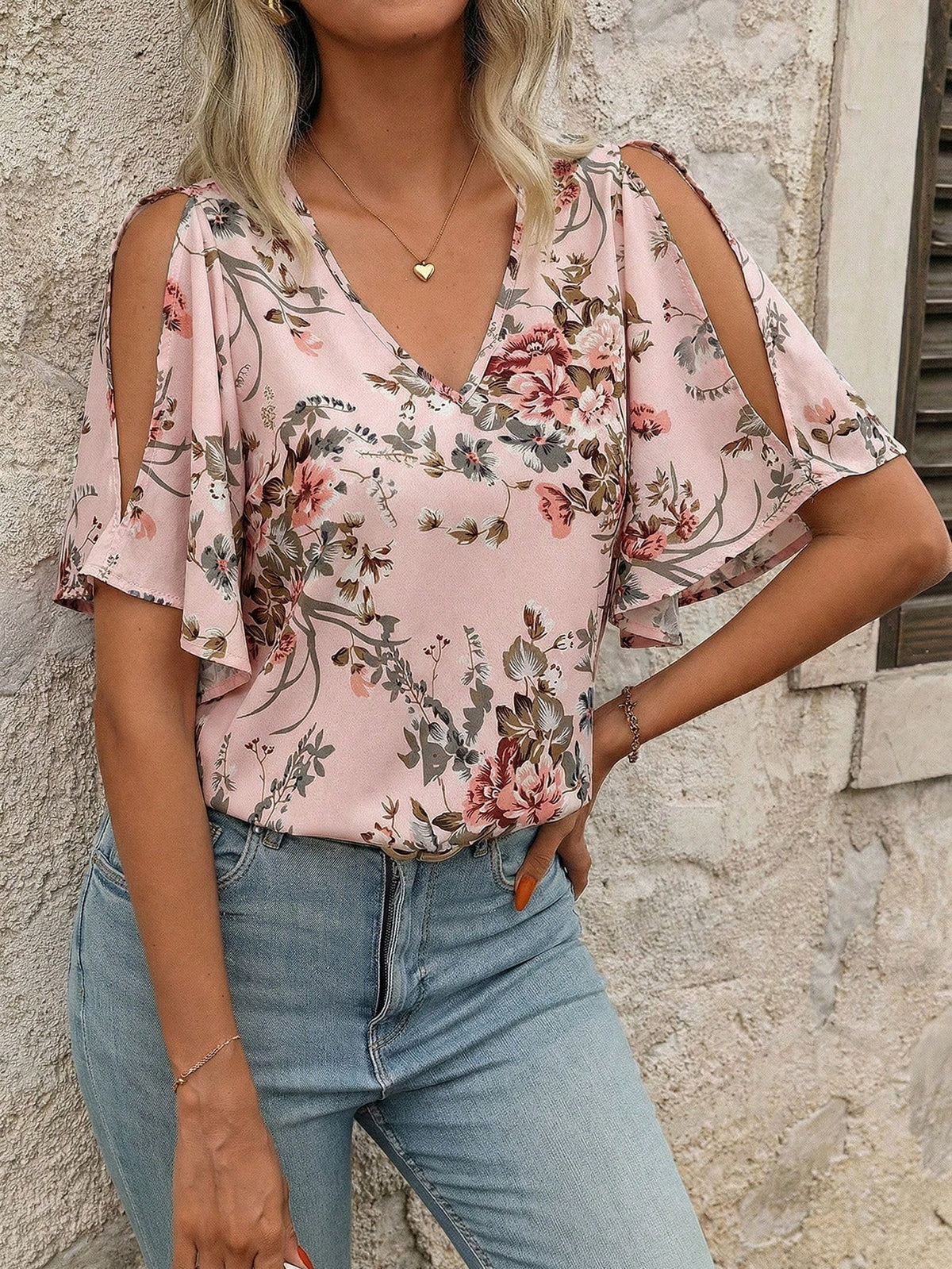 Clasi Women's V-Neck Floral Print Ruffle Sleeve Split Hem Blouse