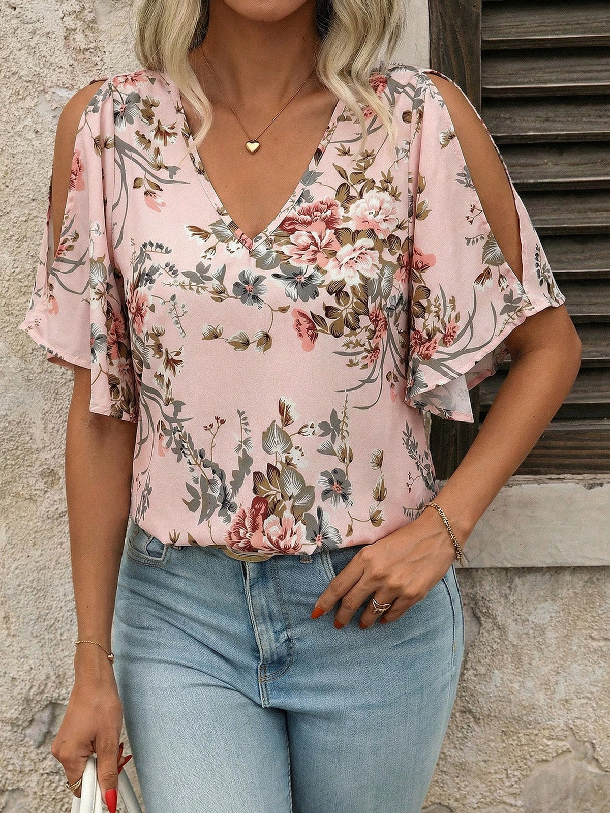 Clasi Women's V-Neck Floral Print Ruffle Sleeve Split Hem Blouse