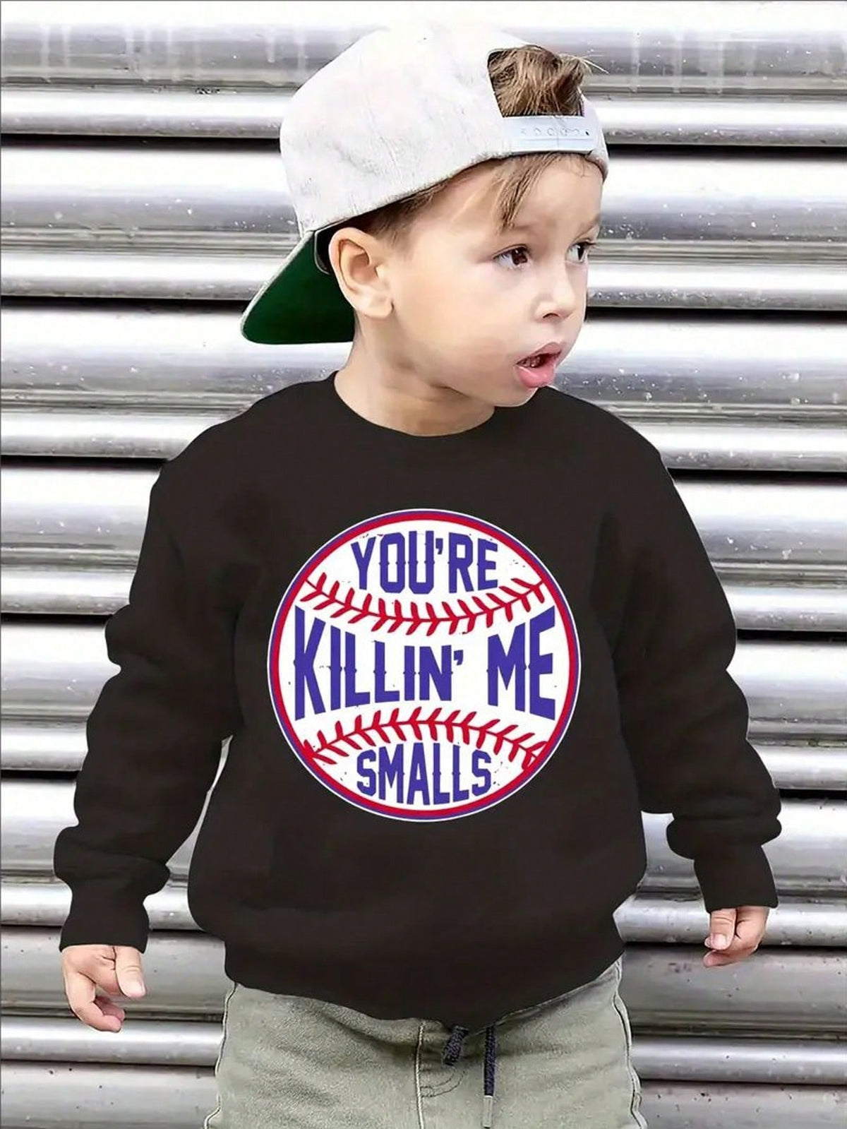 [Classic Baseball Sweatshirt] Cozy Classic Baseball "You're Killing Me Smalls" Graphic Print Boys Crew Neck Long Sleeve Sweatshirt| Casual Comfy Long Sleeve Tops For Sports & Daily Wear