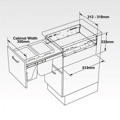 Soft Close 26L Pull Out Waste Bin For 350mm Cabinet Storage Arova