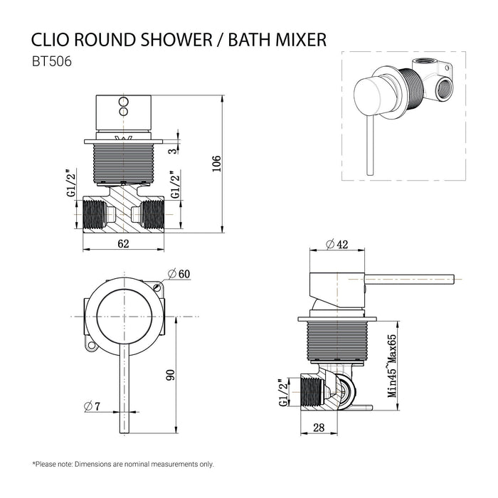 CLIO Round Shower / Bath Mixer Chrome Tapware Arova