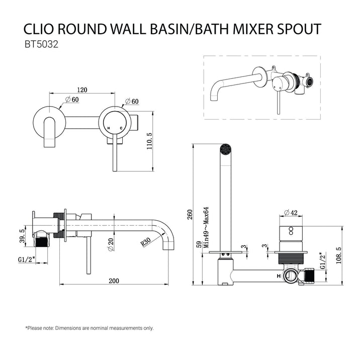 CLIO Round Wall Basin/Bath Mixer Spout Chrome Tapware Arova