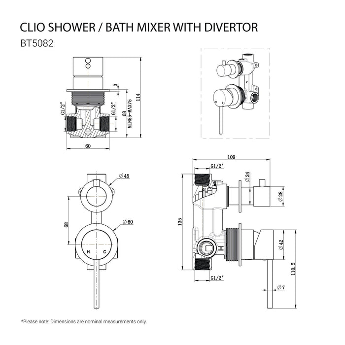 CLIO Shower / Bath Mixer with Divertor Matte Black AROVA
