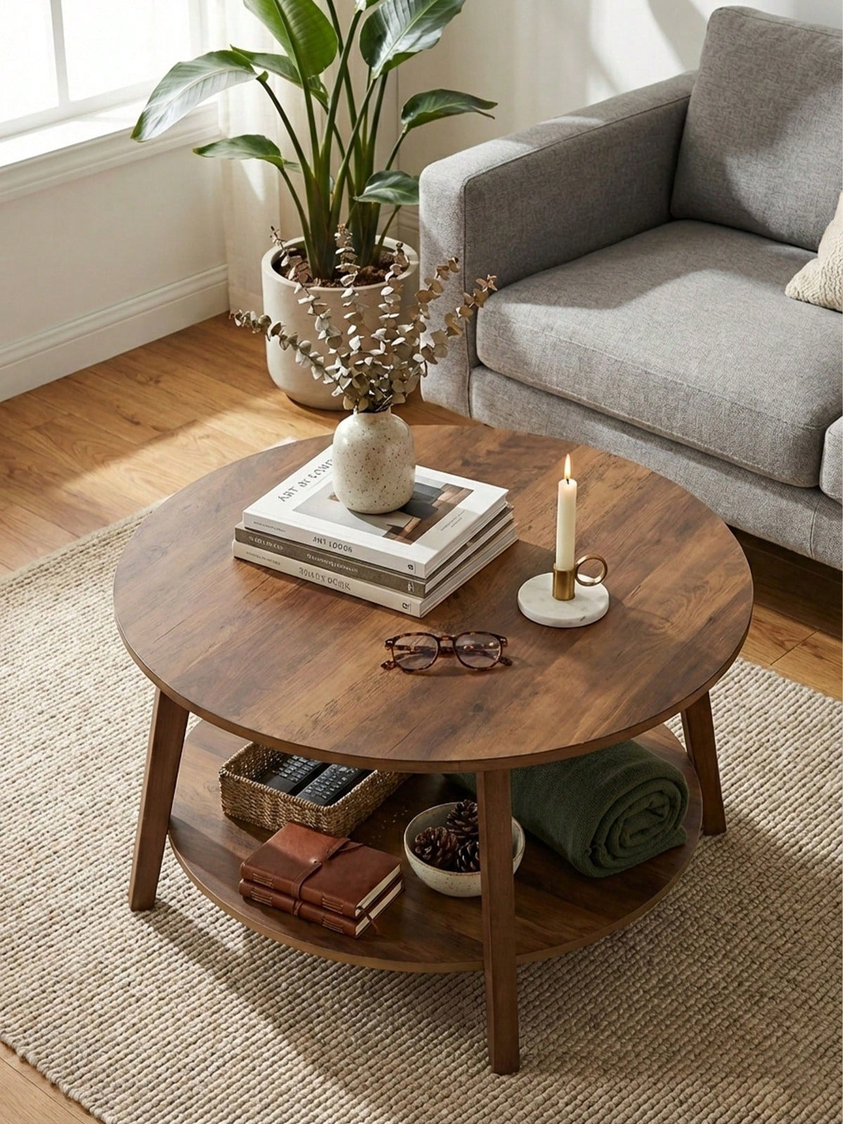 Coffee Table Small Space Round Wooden Coffee Table With 2-Tier Storage Thick Wood Center Table With Tapered Legs And Curved Transitions Modern Circle Table For Home Office Living Room Bed Room, Brown