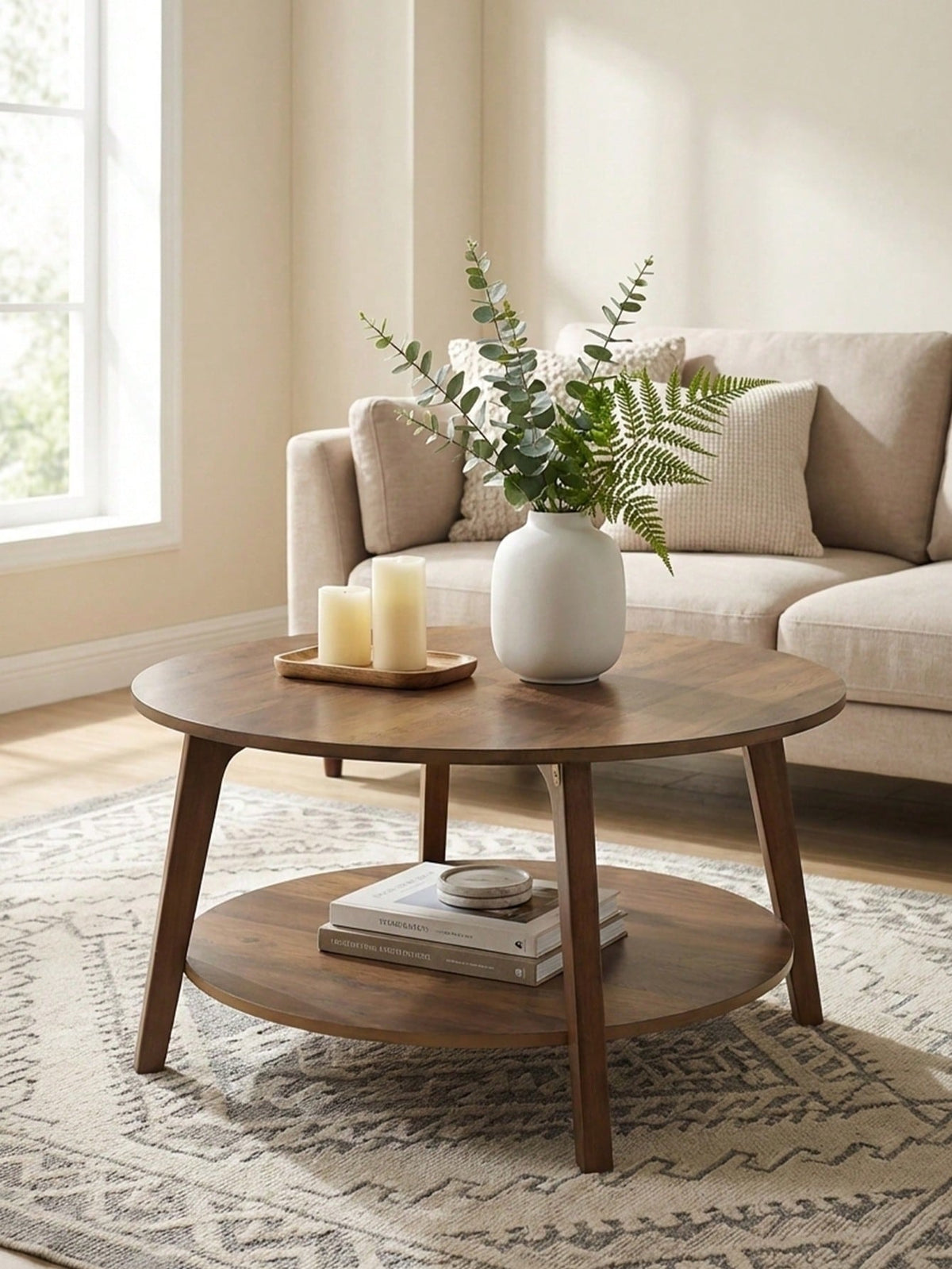 Coffee Table Small Space Round Wooden Coffee Table With 2-Tier Storage Thick Wood Center Table With Tapered Legs And Curved Transitions Modern Circle Table For Home Office Living Room Bed Room, Brown