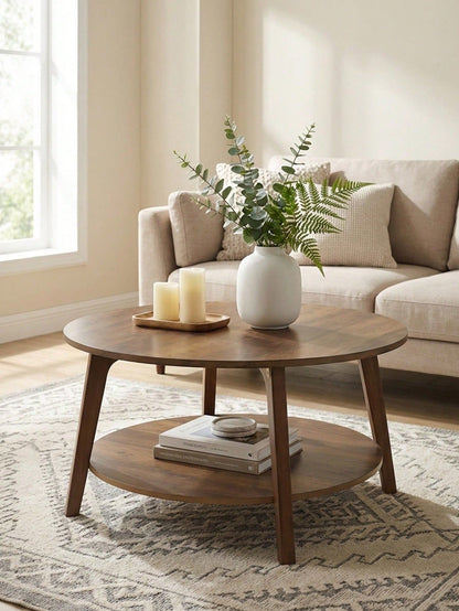Coffee Table Small Space Round Wooden Coffee Table With 2-Tier Storage Thick Wood Center Table With Tapered Legs And Curved Transitions Modern Circle Table For Home Office Living Room Bed Room, Brown
