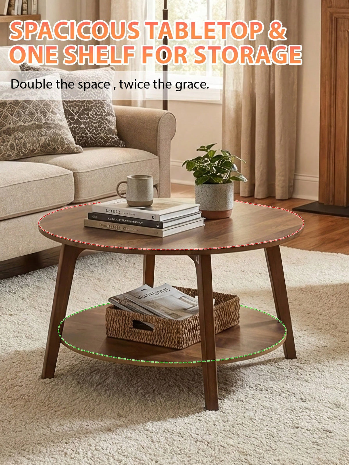 Coffee Table Small Space Round Wooden Coffee Table With 2-Tier Storage Thick Wood Center Table With Tapered Legs And Curved Transitions Modern Circle Table For Home Office Living Room Bed Room, Brown