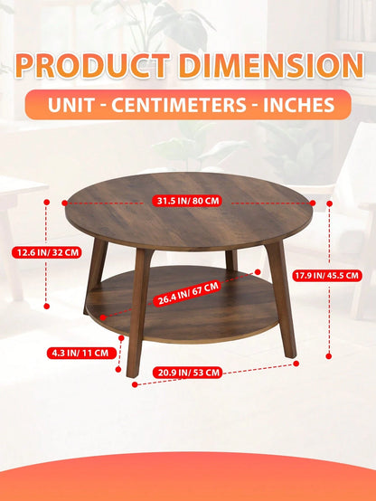 Coffee Table Small Space Round Wooden Coffee Table With 2-Tier Storage Thick Wood Center Table With Tapered Legs And Curved Transitions Modern Circle Table For Home Office Living Room Bed Room, Brown