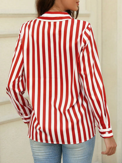 Color Block Striped Button Front Women's Shirt, Loose Striped Blouse Slimming Retro Niche Versatile Top, Fashionable Elegant Women's Shirt Red
