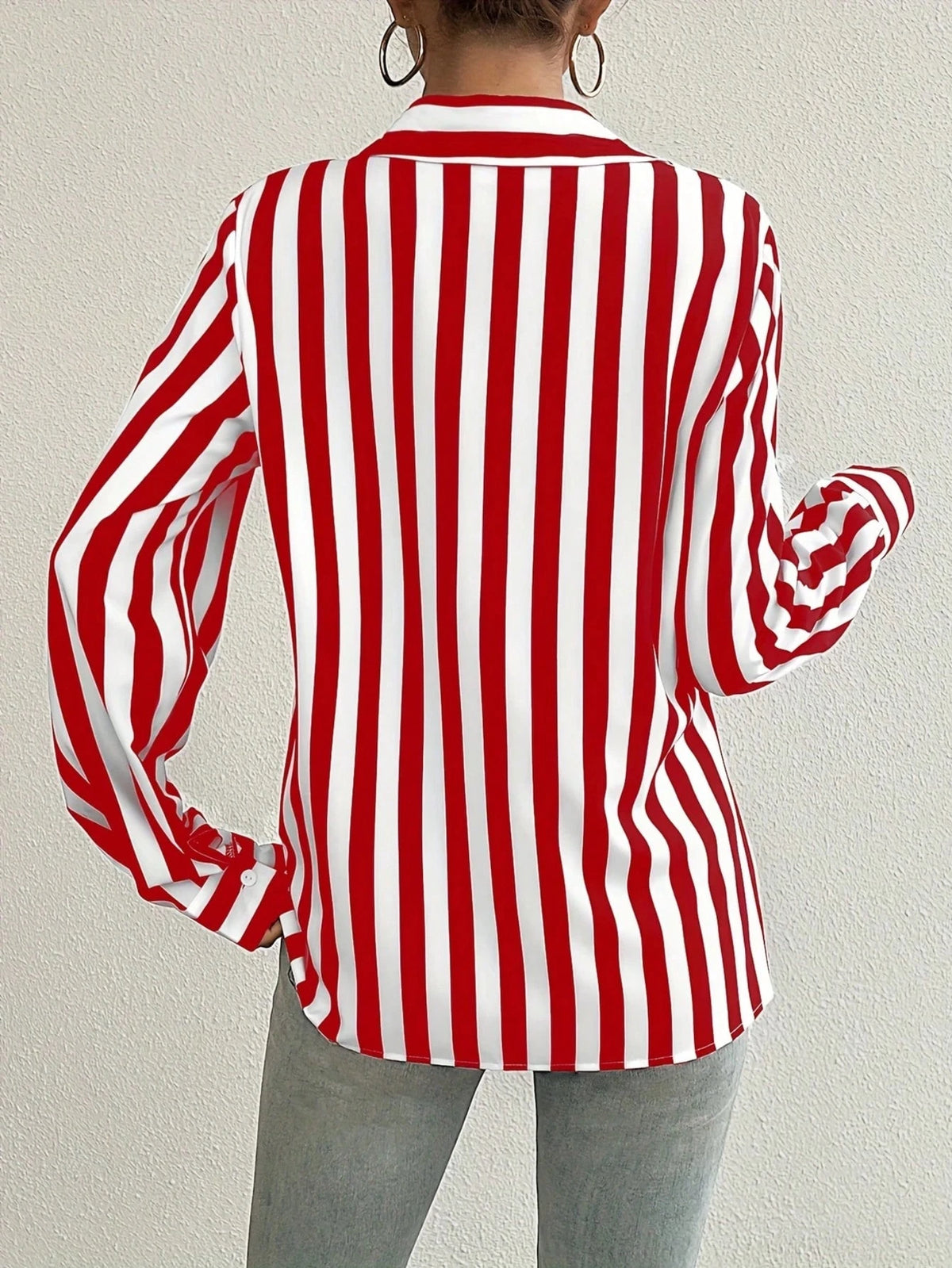 Color Block Striped Button Front Women's Shirt, Loose Striped Blouse Slimming Retro Niche Versatile Top, Fashionable Elegant Women's Shirt Red