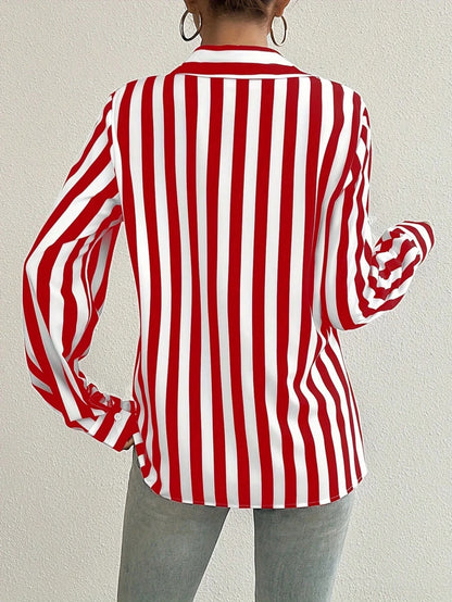 Color Block Striped Button Front Women's Shirt, Loose Striped Blouse Slimming Retro Niche Versatile Top, Fashionable Elegant Women's Shirt Red