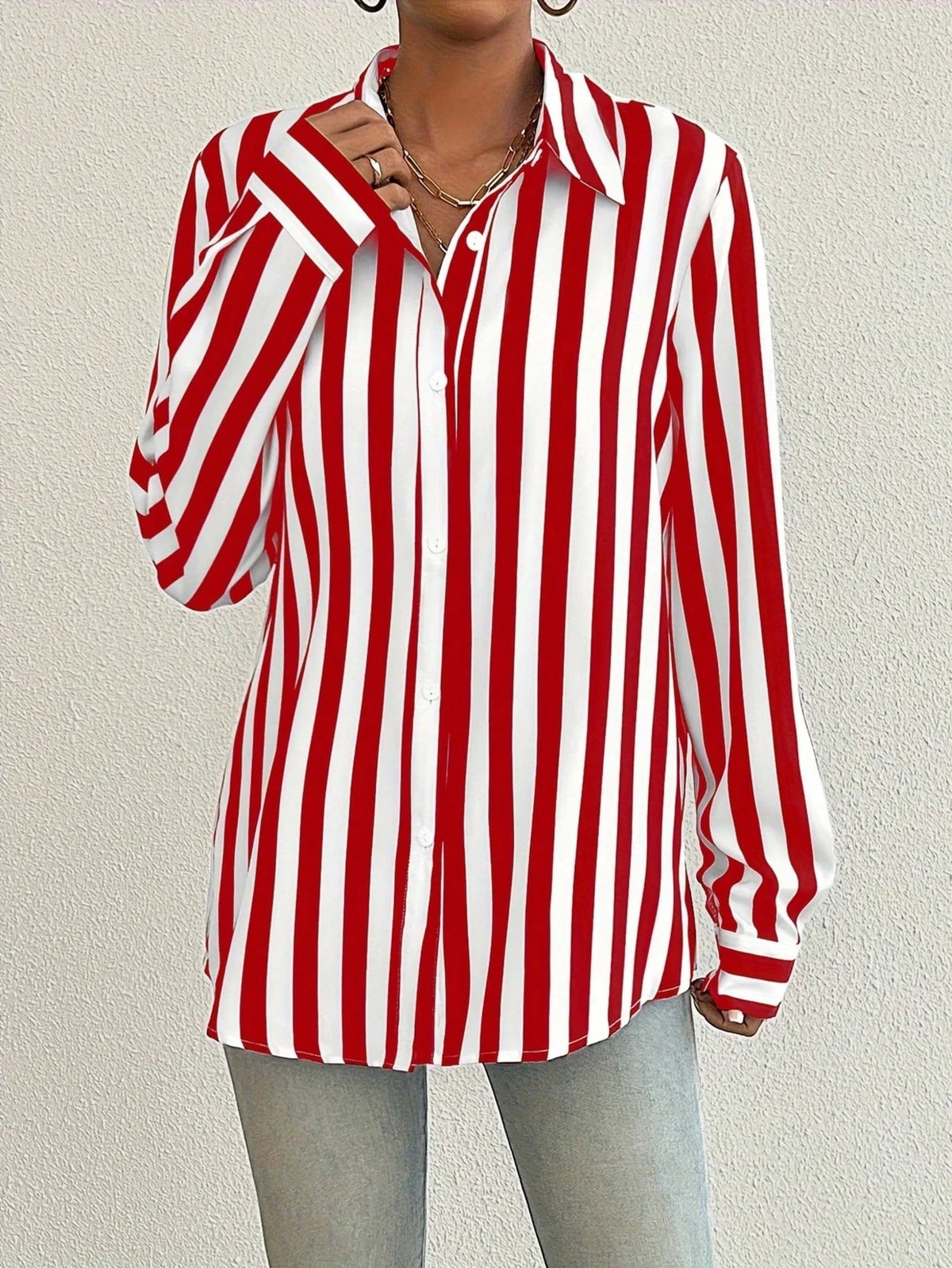 Color Block Striped Button Front Women's Shirt, Loose Striped Blouse Slimming Retro Niche Versatile Top, Fashionable Elegant Women's Shirt Red