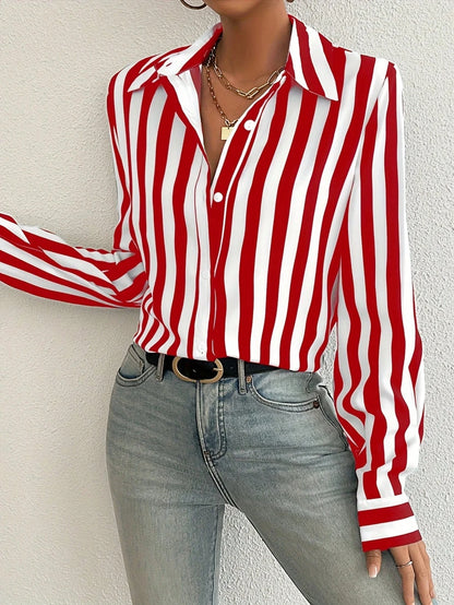 Color Block Striped Button Front Women's Shirt, Loose Striped Blouse Slimming Retro Niche Versatile Top, Fashionable Elegant Women's Shirt Red