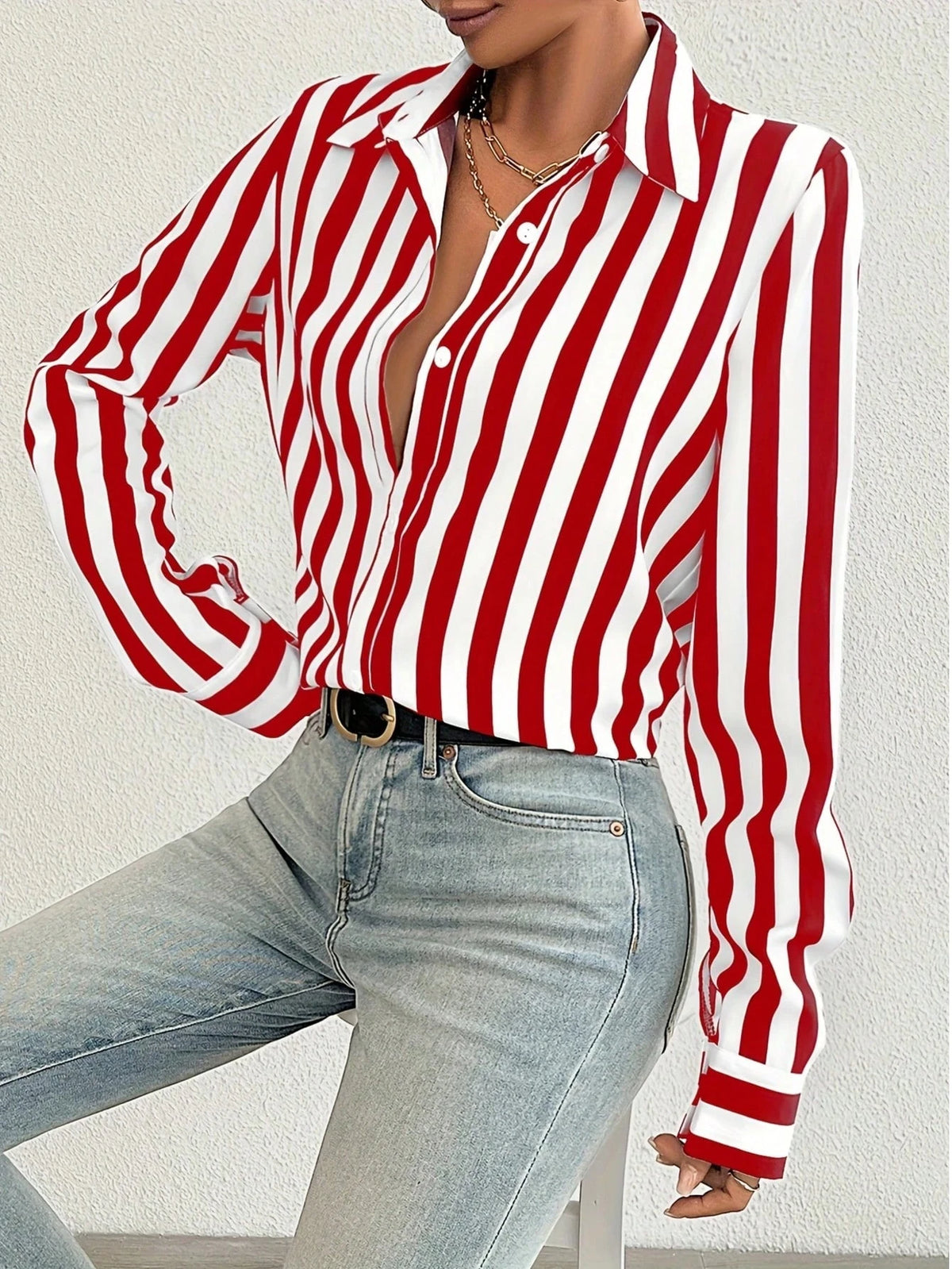 Color Block Striped Button Front Women's Shirt, Loose Striped Blouse Slimming Retro Niche Versatile Top, Fashionable Elegant Women's Shirt Red