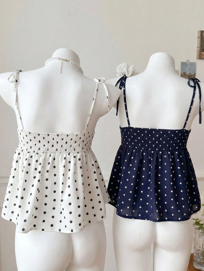 Comfortcana 2pcs/Set Summer New Cute White Polka Dot Women Tops, Woven Camisole, Essential Summer Wear For Women, Vacation