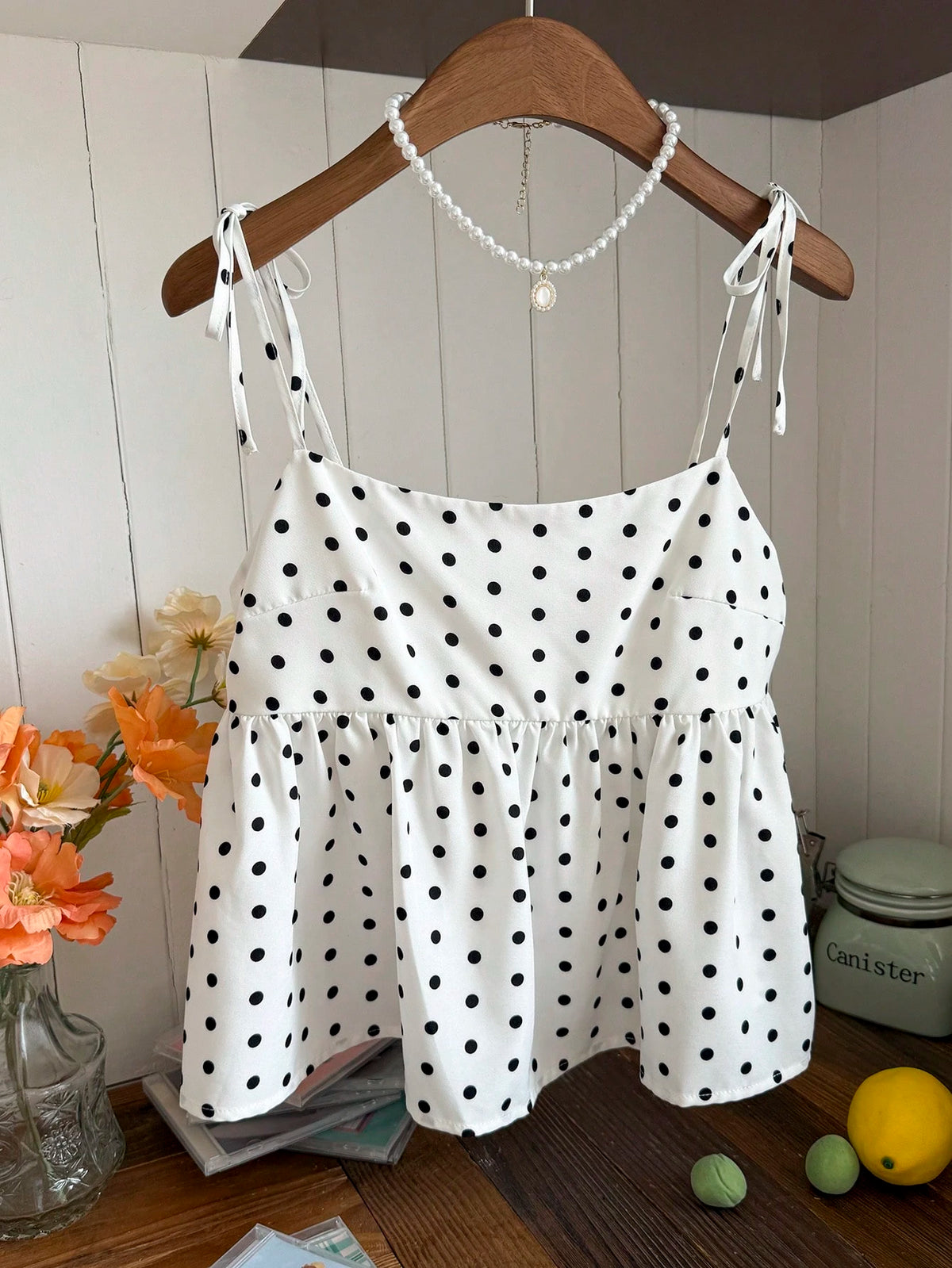 Comfortcana 2pcs/Set Summer New Cute White Polka Dot Women Tops, Woven Camisole, Essential Summer Wear For Women, Vacation