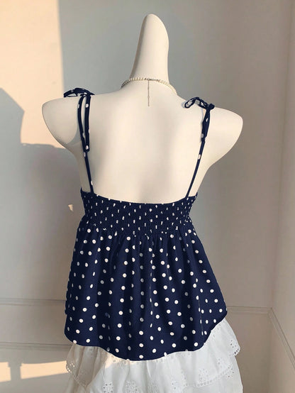 Comfortcana 2pcs/Set Summer New Cute White Polka Dot Women Tops, Woven Camisole, Essential Summer Wear For Women, Vacation