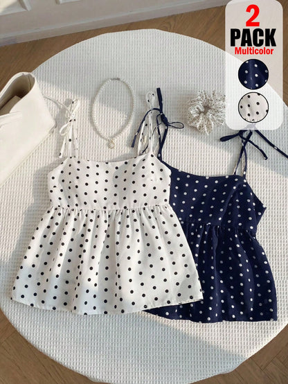 Comfortcana 2pcs/Set Summer New Cute White Polka Dot Women Tops, Woven Camisole, Essential Summer Wear For Women, Vacation