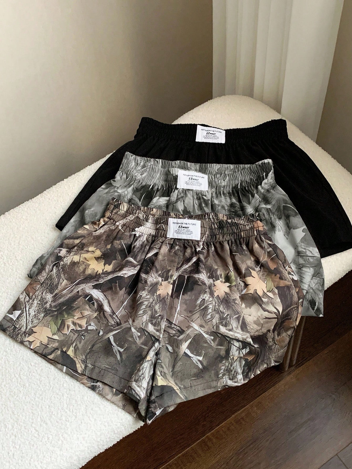 Comfortcana 3pcs Women's Casual Athletic Shorts In Woven Fabric Shorts Pack Camo Print Workout Black Grey Bottomland Camo Summer