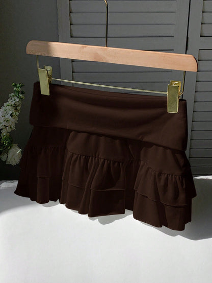 Comfortcana Casual Solid Color Low Waist Ruffle Hem Skirt Shorts