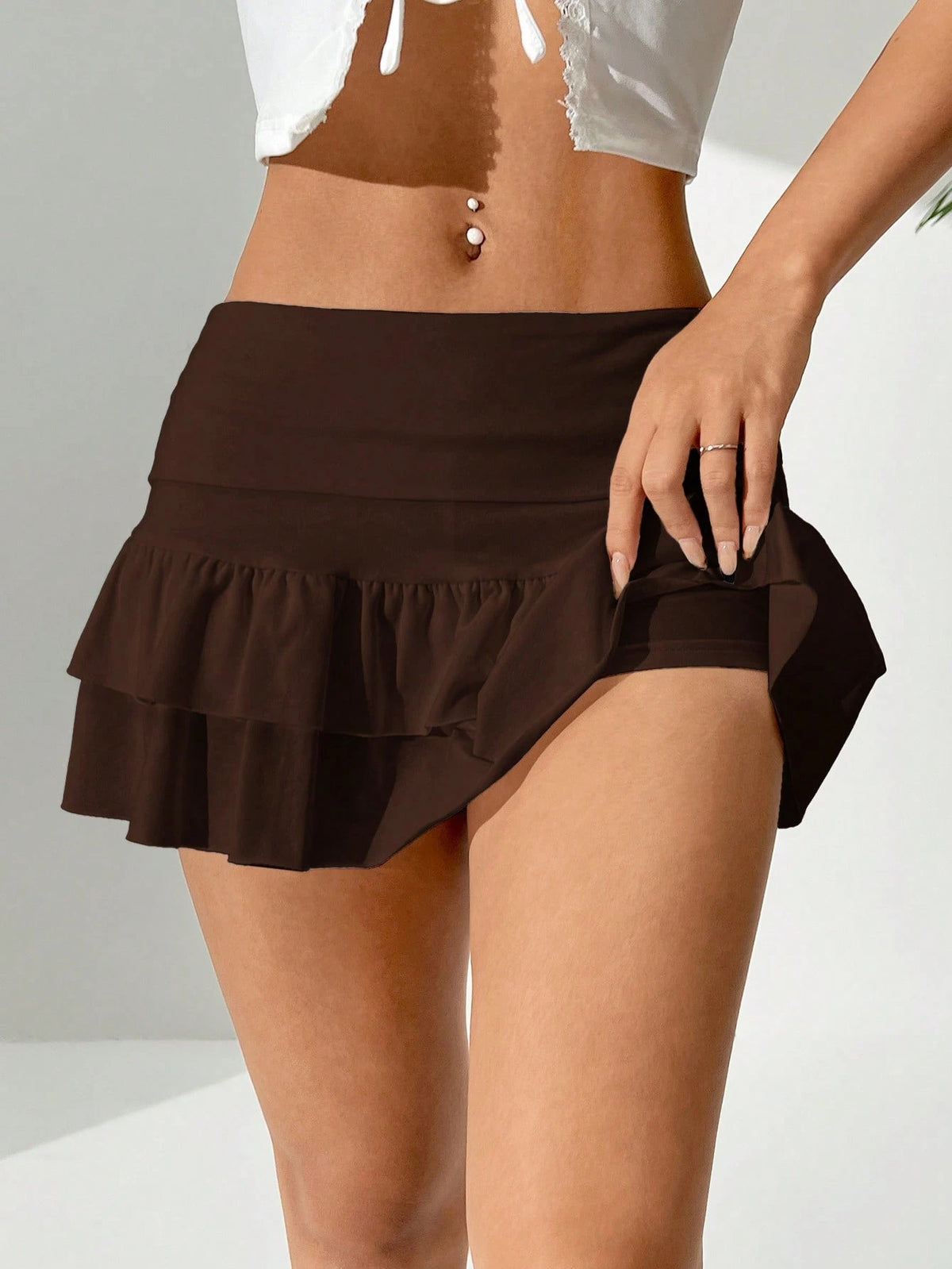 Comfortcana Casual Solid Color Low Waist Ruffle Hem Skirt Shorts
