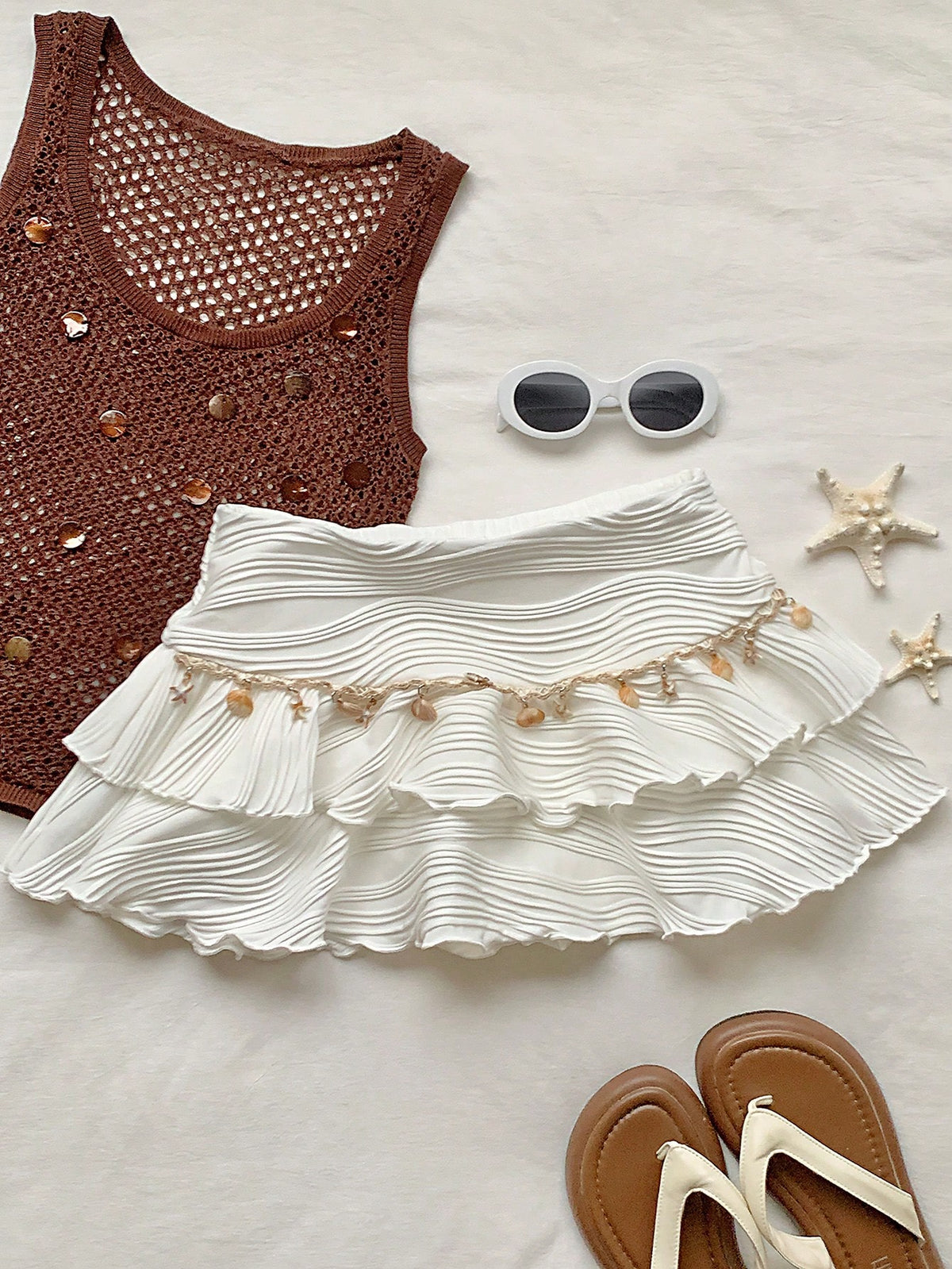 Comfortcana White Summer Boho Beach Vacation Holiday Women's Double Layered Cake Skirt,Textured Fabric Ruffle Skirts With Ocean Chain,Elegant Party