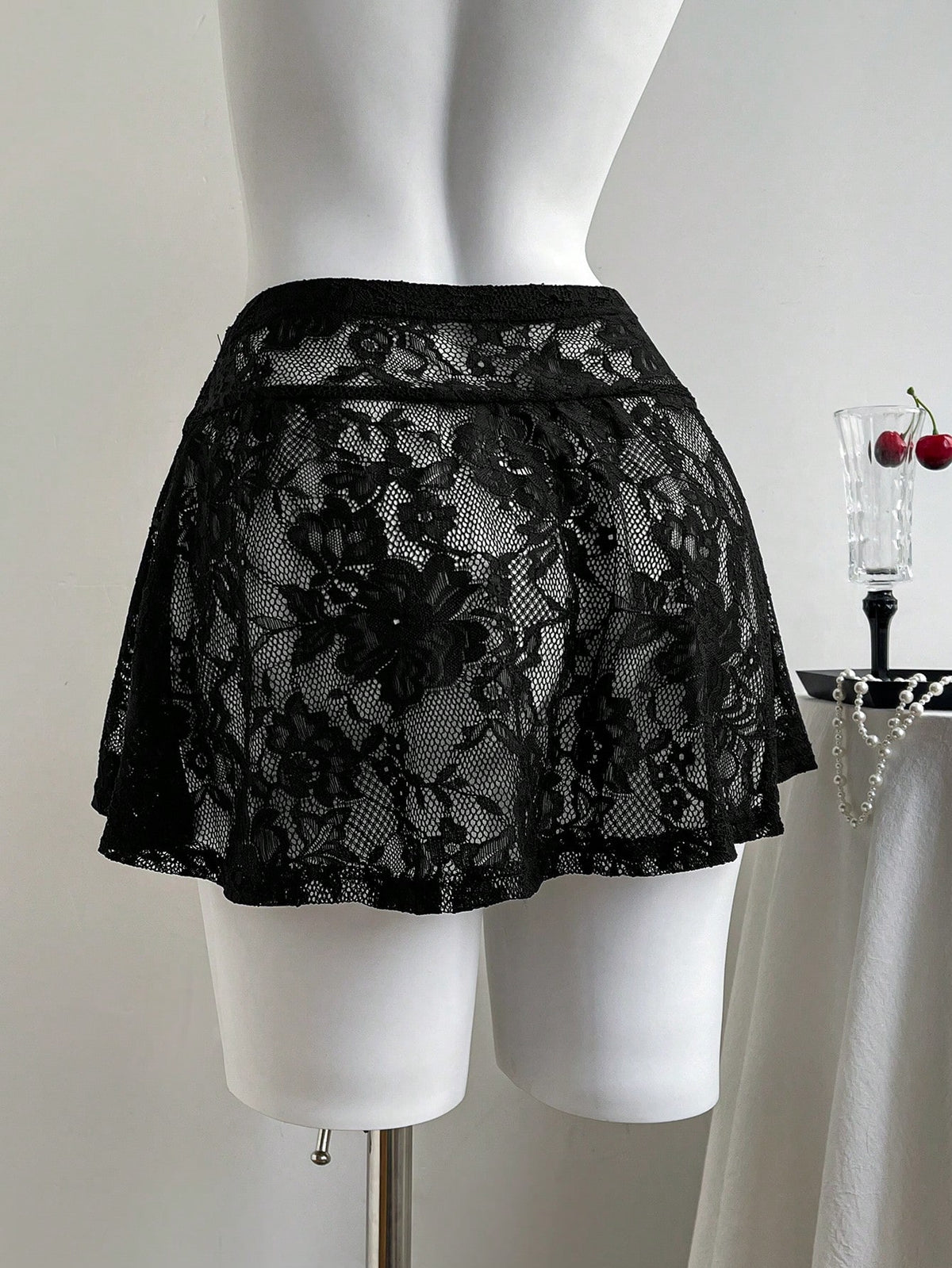 Comfortcana Women's Black Lace Mini Skirt: Casual Disco Sexy Flowy Semi-Sheer Knitted Skirt With Ruffle Hem Detail Party Night Summer