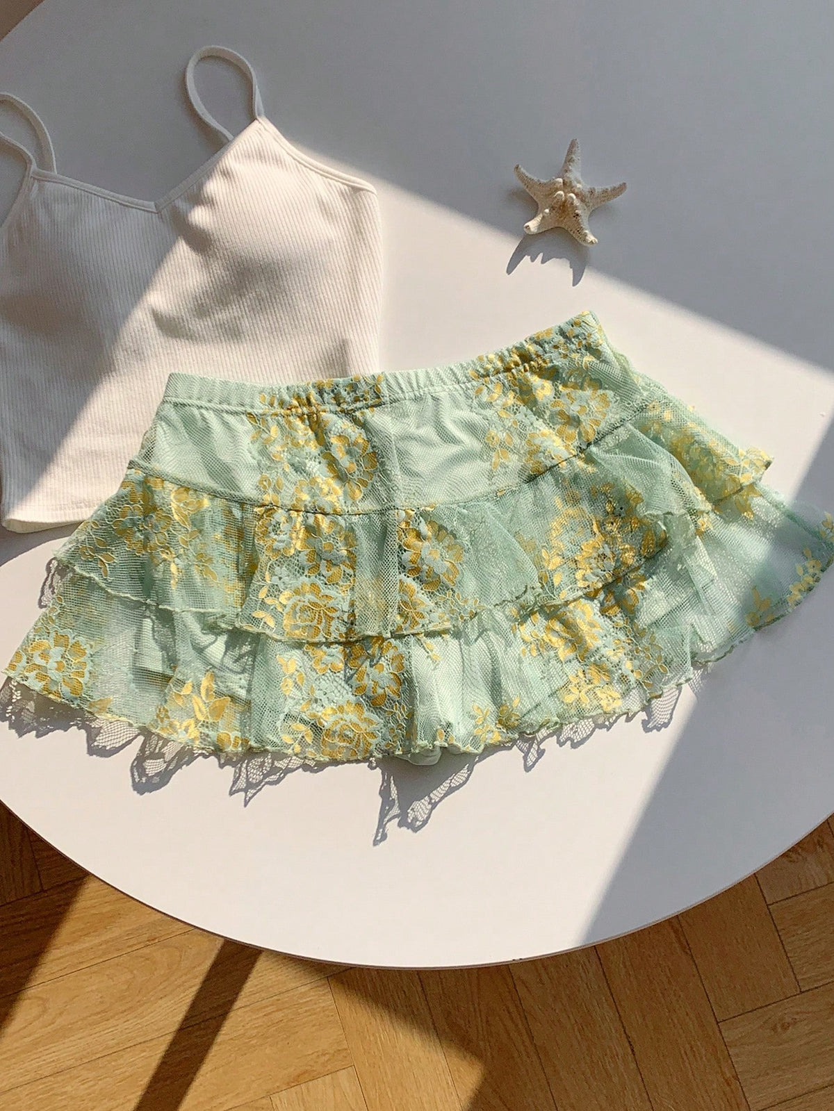 Comfortcana Women's Light Green Summer Cute Beach Vacation Holiday Lace Double-Layer Skirt, Y2K Style Music Festival Afternoon Tea Date Casual Street Wear